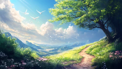 Mountain valley landscape with path, tree and distant birds.