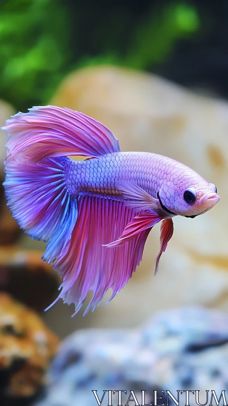 Graceful pink betta fish glides through soft aquarium light.