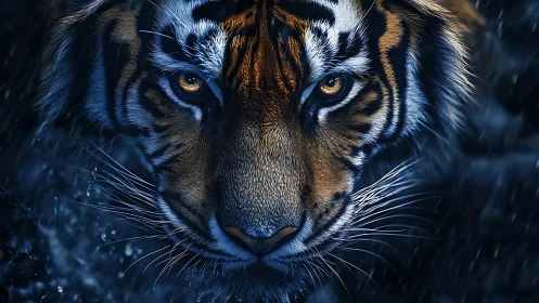 Fierce tiger gaze glows warmly against cool midnight rain