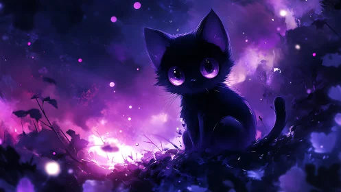 Luminous Cat: Mystic Feline in Purple Void.