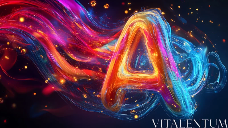 Luminous letter A in swirling multicolored digital light forms.