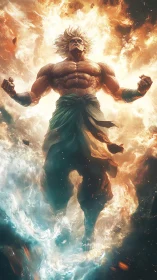 Muscular figure suspended in fiery and icy energy field.