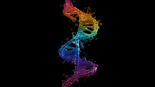 Rainbow DNA spiral dancing through a splash of color.