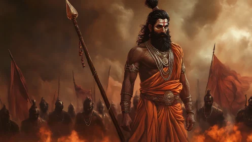 Warrior sage leading armored army through burning haze.