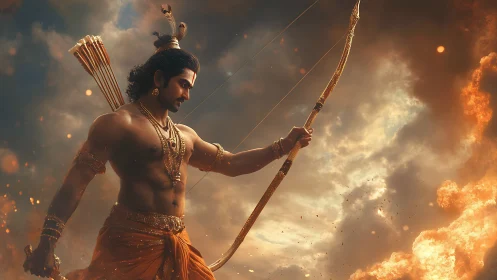 Mythological archer with golden bow amid clouds and fire.