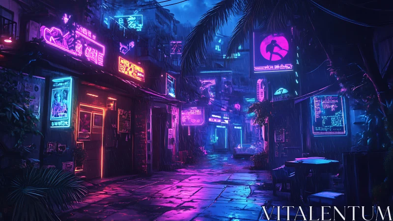 Neon soaked cyberpunk alleyway with glowing rain reflections.