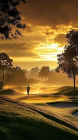 Golfer walking fairway under dense golden sunrise sky.