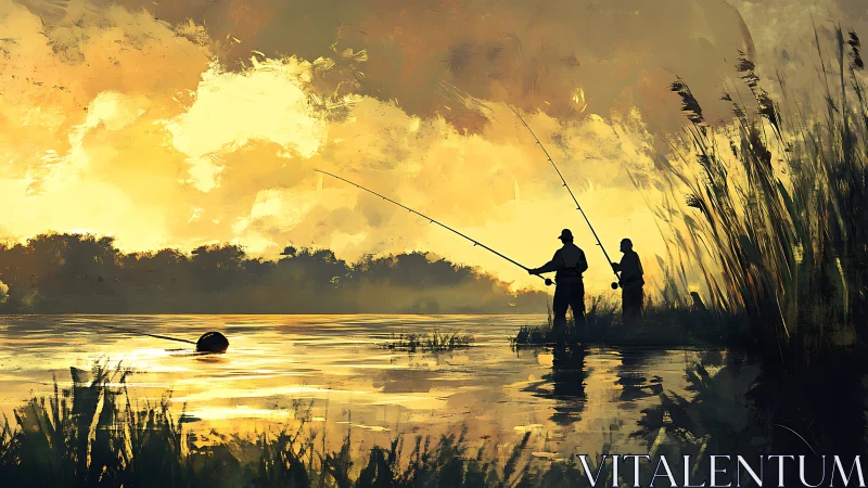 Two anglers stand fishing in shallow water at vivid sunset