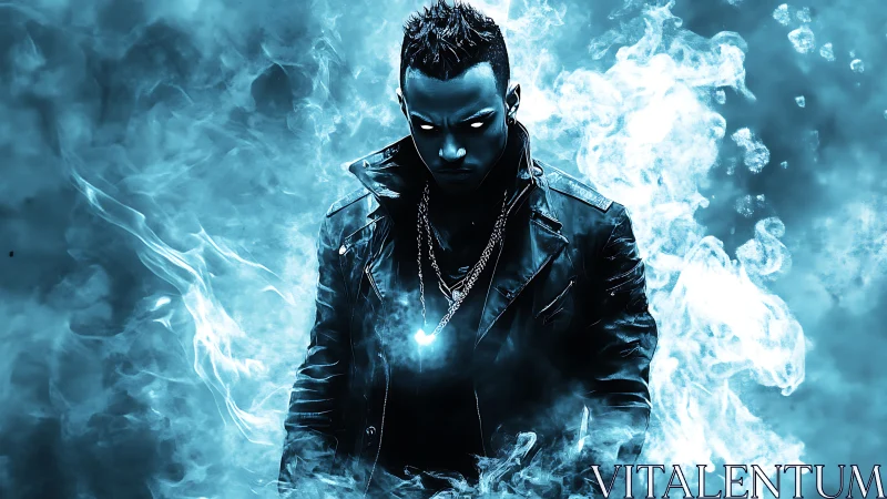 Dark cyberpunk man in glowing blue smoke aura portrait.