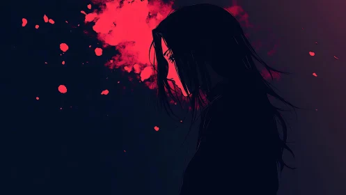 Solitary silhouette glows against crimson abstract burst.