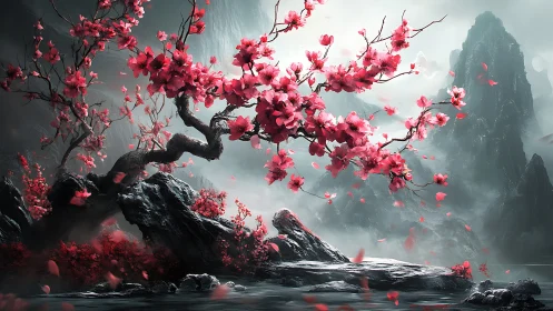 Blossoming cherry tree bends over misty mountainscape.