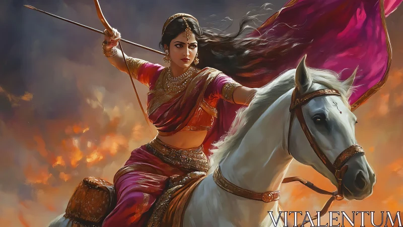 Fierce Warrior Woman on White Horse in Vibrant Digital Art Style.