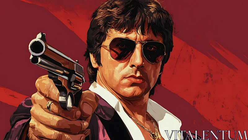 Retro gunman stares down destiny in bold crimson glare.