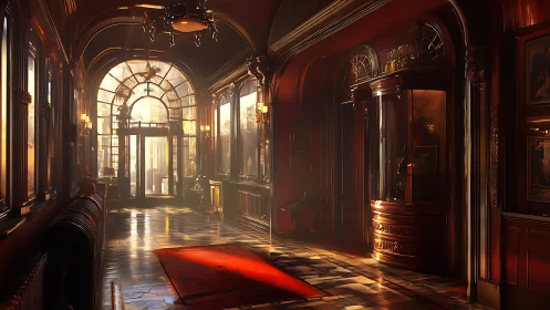 Historic corridor interior with arched glass entrance door.