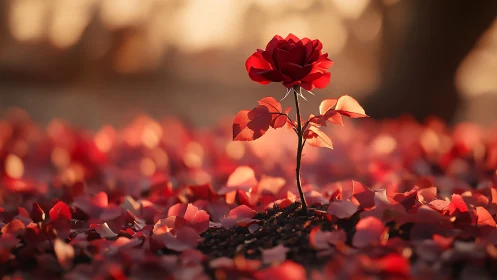 Crimson Rose Bloom Rising From Fallen Petals