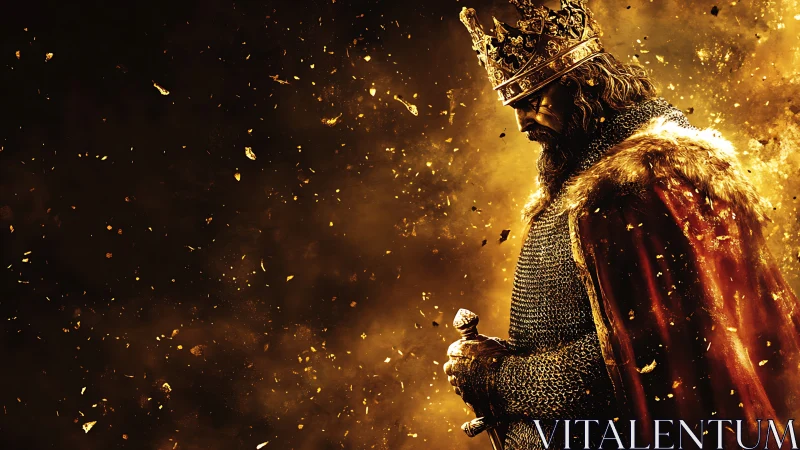 Golden armored king holding sword in burning particles.