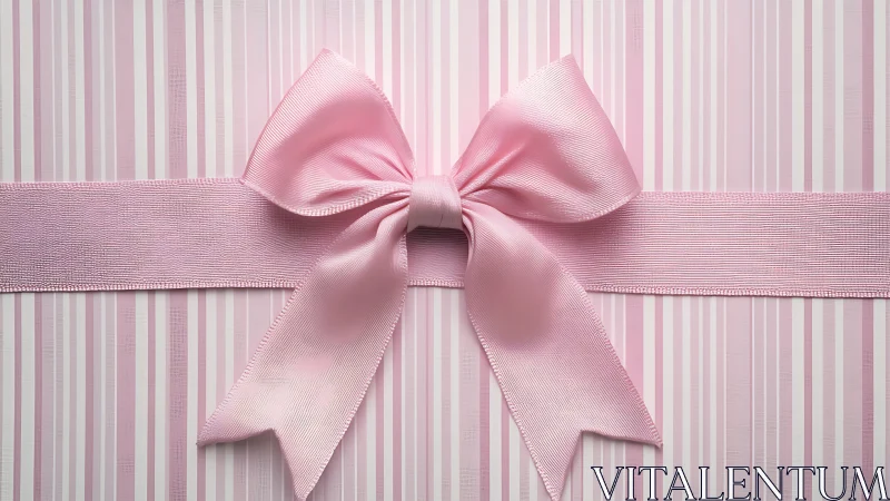 Satin pink gift bow centered on striped pastel background surface