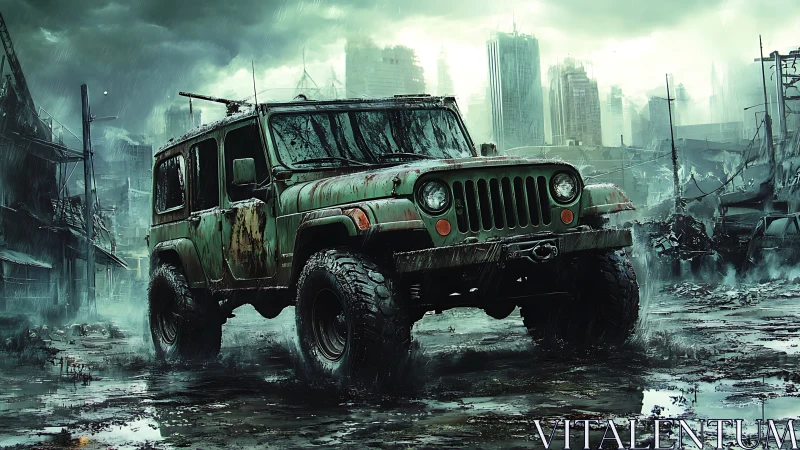 Rusted off-road jeep endures alone in a ruined rainy city