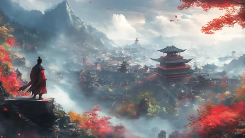 Figure on cliff overlooking misty valley cityscape.