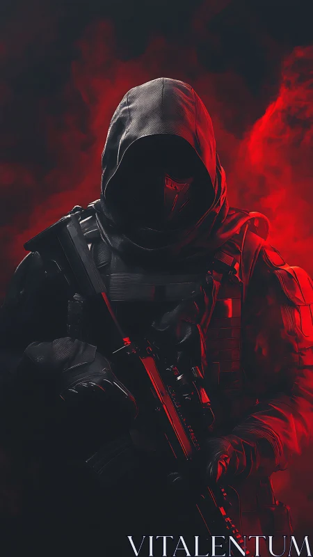 Hooded tactical assassin emerges from crimson battle smoke