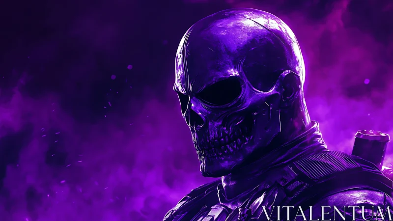 Purple skeletal figure in tactical gear stands in dense fog