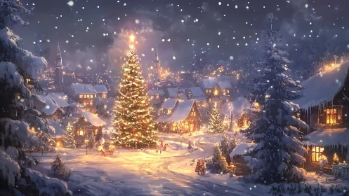 Snowy village square crowned by glowing Christmas tree.