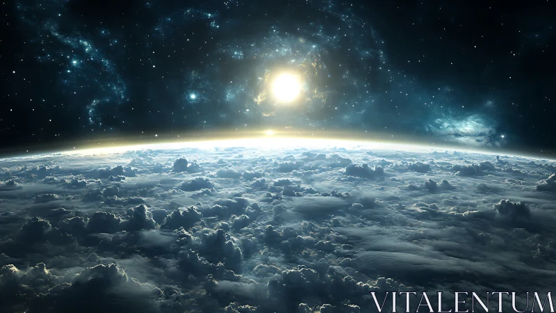 Distant sun over cloud-covered planet with starry space.