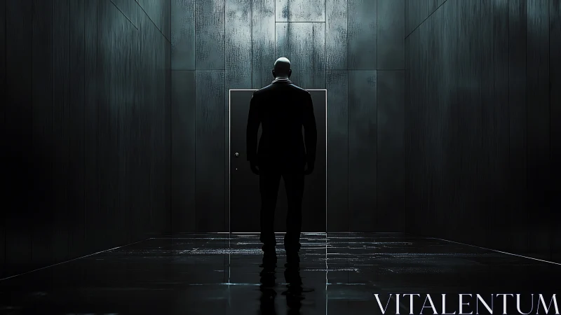 Silhouetted figure in dark corridor facing closed door.