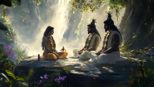 Meditative sages in forest glade before cascading waterfall
