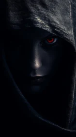 Hooded shadow with a single burning crimson gaze poised.