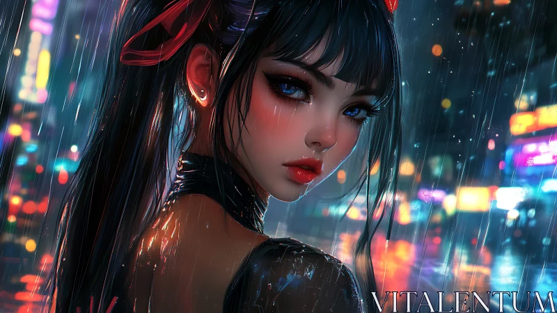 Neon-saturated rain portrait of blue-eyed urban vigilante.