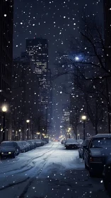 Snowfall over silent city street under winter night sky.