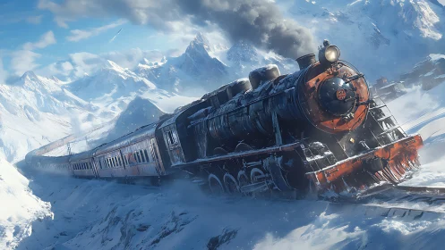 Steam locomotive powers through a blizzard in icy mountains.