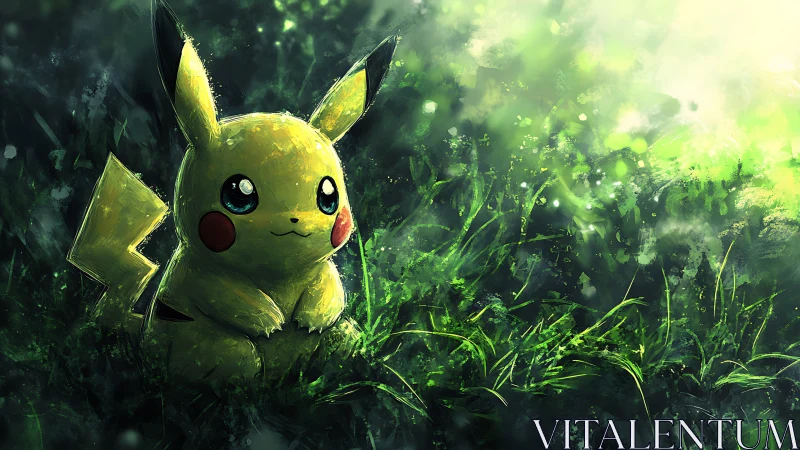Digital painting study of Pikachu in atmospheric meadow light.