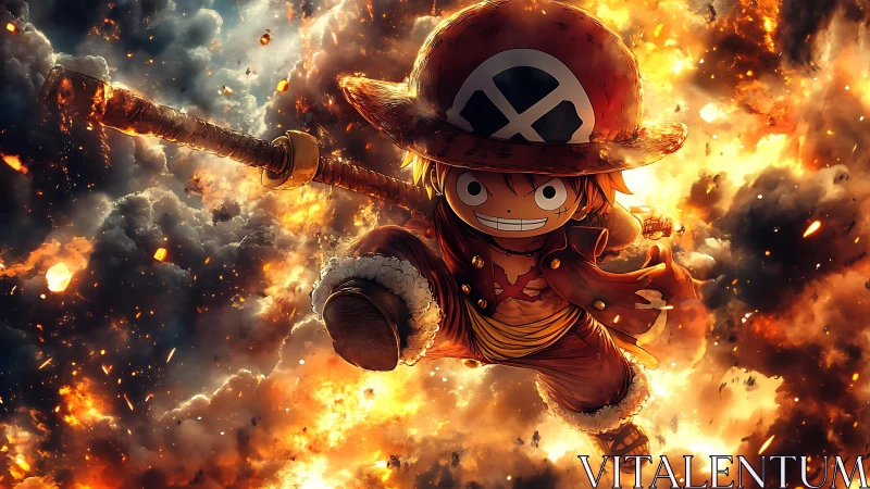Flame-lit sky pirate charges forward through roaring chaos.