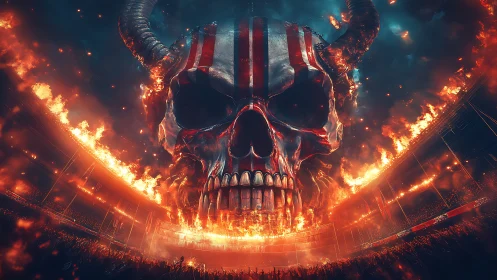 Blazing horned skull looms over a roaring infernal arena crowd