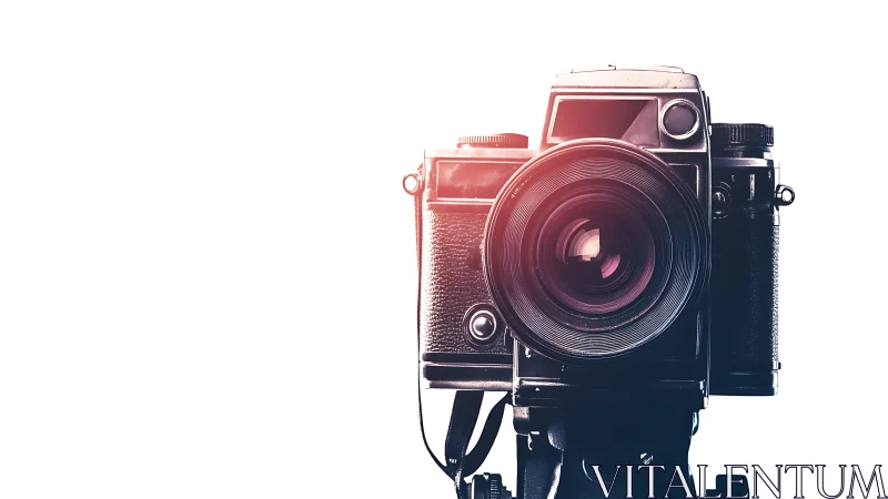 Vintage SLR camera isolated on white with dramatic lens flare