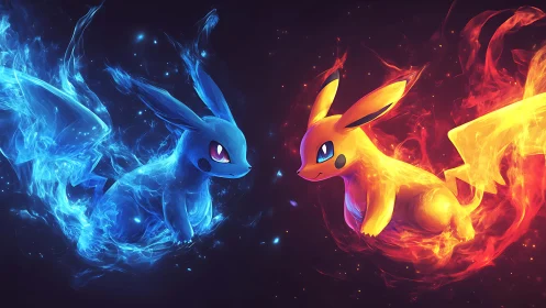 Elemental electric creatures clash in blue and red flames.