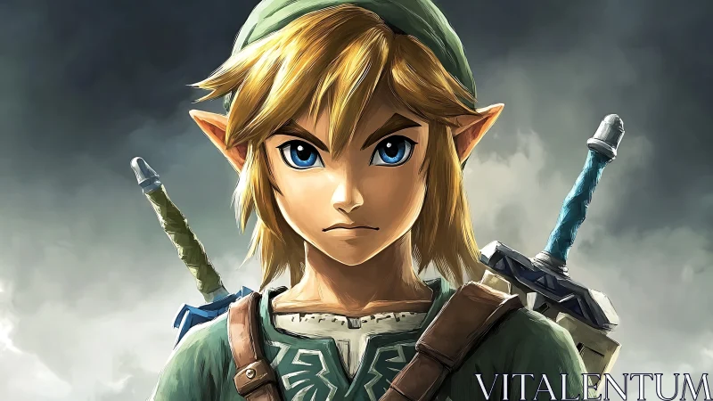 Heroic elf warrior portrait with twin swords and storm sky.