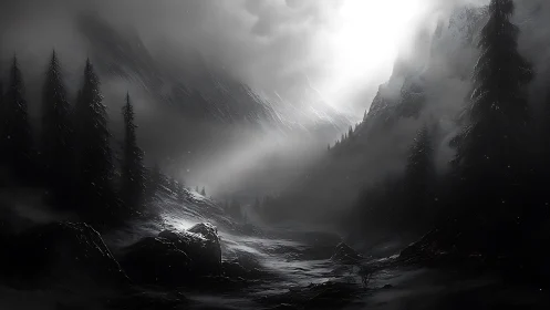 Gentle light breaking through a quiet, misty mountain pass.