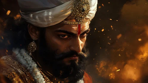 Regal warrior king in jeweled turban amid fiery sparks.