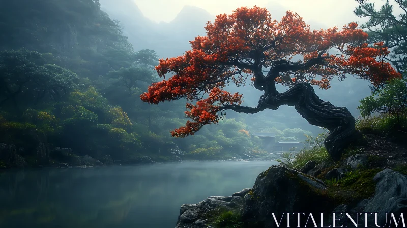 Solitary crimson tree arcs over misted mountain lake elegantly