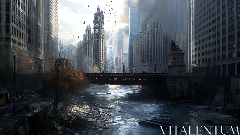 Deserted river city bridge stands under smoke-filled skyline