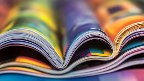 Stacked glossy magazines lie open with curved pages