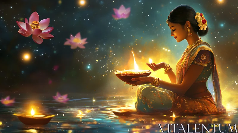 Side-lit woman holding diya bowl amid floating lamps and lotuses
