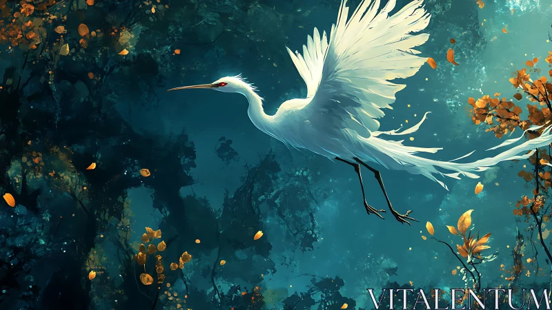Graceful white heron drifting through a teal dream forest.