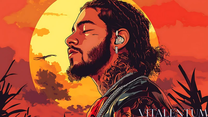 Tattooed man in profile against bold red sunset sky.