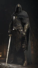 Hooded dusk knight resting blade in a quiet embered hall.