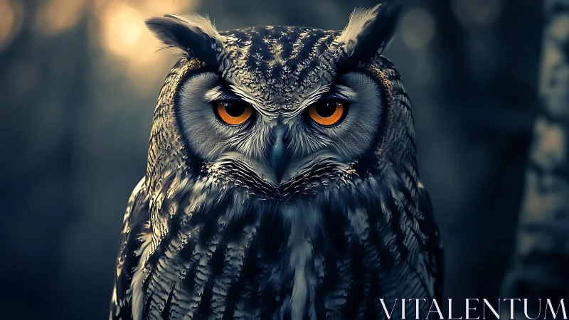Striking close-up of a wild owl with piercing orange eyes, moody edit.
