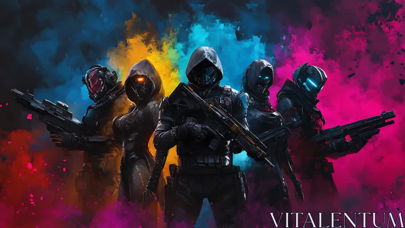 Tactical cyber squad with neon smoke gradients and rifles.